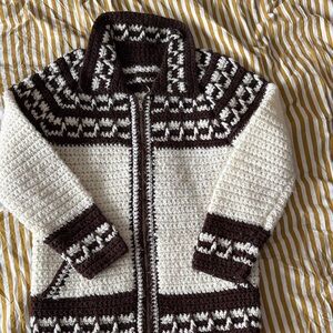 vintage Cozy Crochet Jacket - Cream & Dark Brown